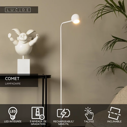 Lucide COMET - Lampadaire Rechargeable - Batterie/Piles - LED 3 StepDim - 1x3W 2700K - Blanc - USP